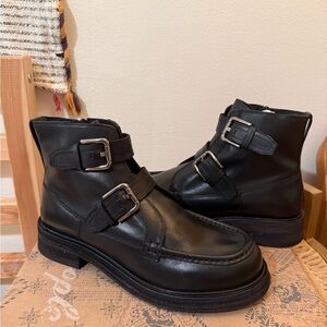 New Free People Black Leather Buckle Boots